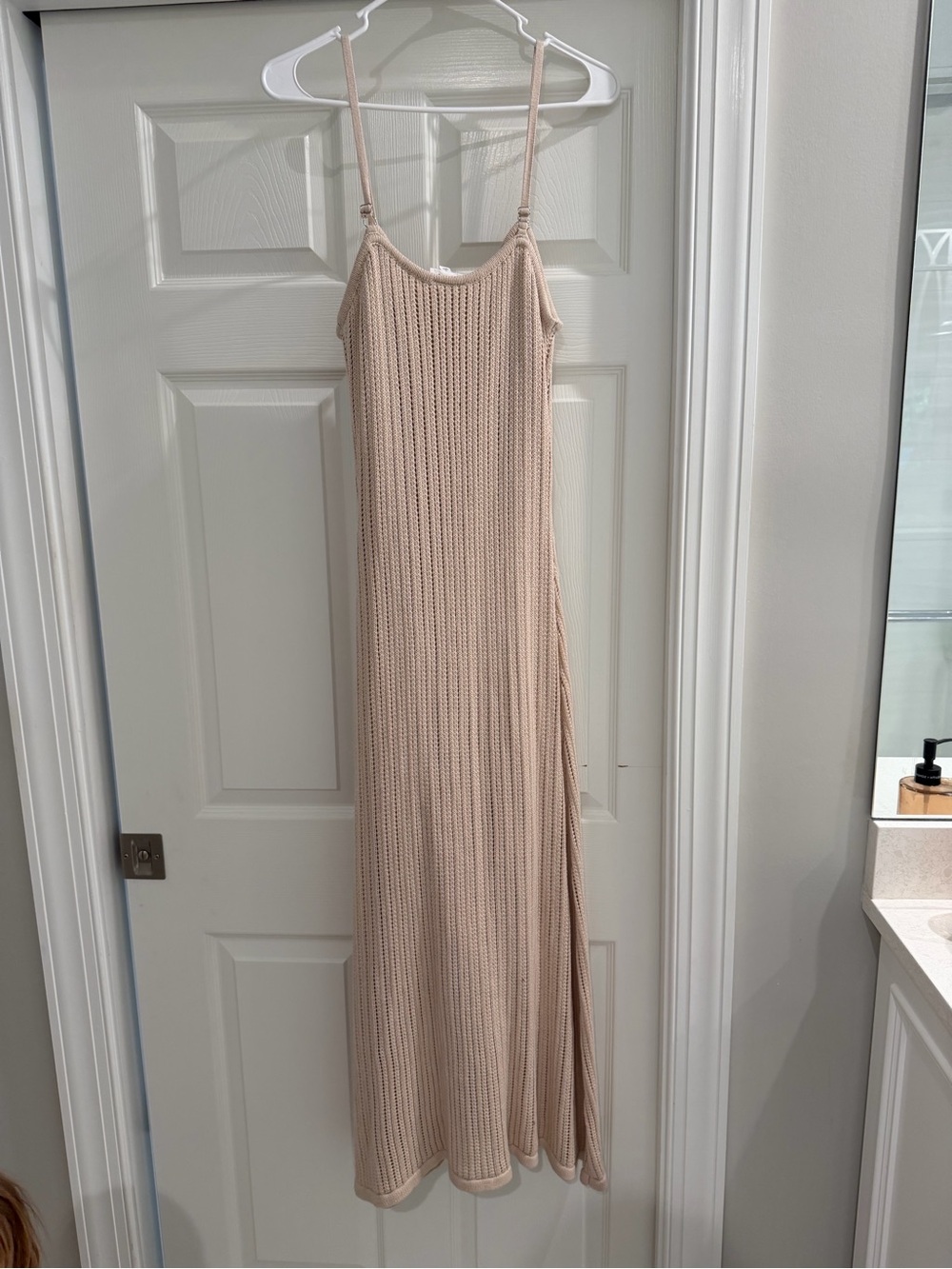 Beige Knit Spaghetti-Strap Maxi Dress